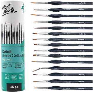 Mont Marte Signature Detail Brush Collection, 15 Piece, Taklon Bristles, Suitable for Acrylic, Oil, Watercolor and Gouache Paints, Includes Storage Bag