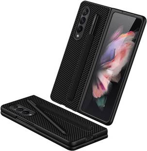 Midkart Front & Back Case for Samsung Galaxy Z Fold 3 Fiber Pattern with S Pen Holder Protective Cover