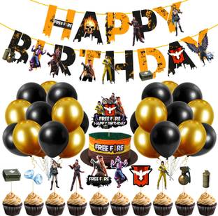 ZYOZI Free Fire Happy Birthday Decoration Kids,Free Fire Birthday Party Decoration Banner with Latex Balloons, Cake Topper and Cup Cake Topper for Boy Birthday 1st 2nd 3rd 16th 18th 21st (Pack of 37)