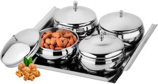 PRABHA High Quality Stainless Steel Lotus Bowl Set With Tray & Lid Set of 4 Tray Serving Set