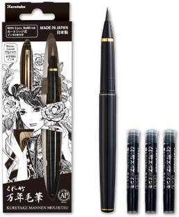 Zig Kuretake Fountain Brush Pen for Inktober, black body with 3 Spare Cartridge, Flexible Brush Tip for lettering, calligraphy, illustration, art, drawing, writing, sketching, Made in Japan