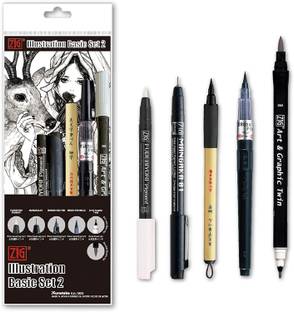 Zig Illustration Special Set, 2 Brush Pens and 2 Fineliner Pens for Drawing