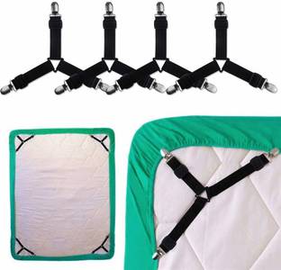 Amulakh Black Adjustable Stainless steal Bed Sheet Holder Straps ,Adjustable Bed Sheet Fastener and 3 Way Mattress Cover Holder Fasteners , The Triangle Bed Sheet Keeper with Heavy Duty Grippers Clips Black Triangle [Black]