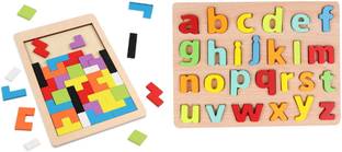 Authfort Wooden Blocks Puzzle Toy Tangram Jigsaw Intelligence Colorful 3D Russian Blocks & ABCD Small Letters Kids Learning Toys Wooden Alphabet Toy Pack of 2