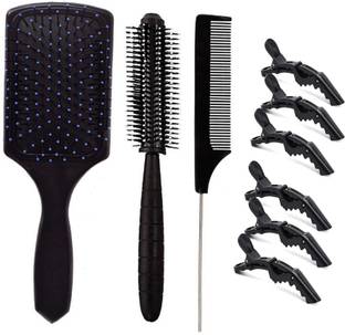 SANDIP Professional Hair Styling Clips Sectioning Crocodile hair clips (6 pcs) + Rectangular Cushion Paddle Hair Brush + Round Hair Brush For Blow Drying for men & women + Carbarn Fiber Tail Pin Hair Comb For cutting sectioning styling for women man used in salon