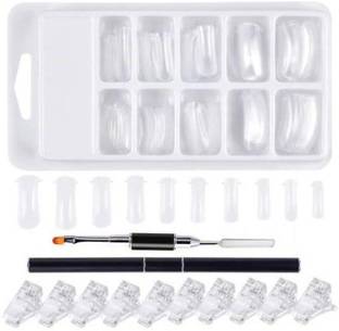 THR3E STROKES Nail Extensions Kit, 1PC 17CM Dual Ended Poly Gel Nail Brush, 100PCS Dual Forms Nails with Acrylic, 10PCS Transparent Nail Tips Clips for Poly Gel UV Gel Acrylic Nails Extension (CLEAR)