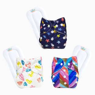 MOM'S PRIDE ® Freesize Adjustable, Washable and Reusable pocket cloth diaper for Newborn Child Toddler Infant Babies (0 - 2 Years) (with Wet-Free White Insert Pad) (Whiteheart, Bluestar, Rainbow Zigzag) (Pack of 3)