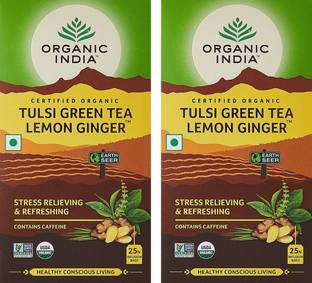 ORGANIC INDIA Tulsi Green Tea Lemon Ginger 25 Tea Bags- (Pack Of 2) Lemon, Ginger Green Tea Box