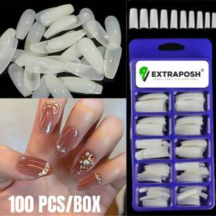Extraposh 100 PC/Set Natural Transparent finish Reusable Artificial Nail/Nails. transparent (Pack of 100 ) WITH 2 BOTTLES OF NAIL GLUE TRANSPARENT