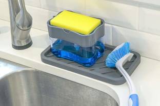 Shashank Trivedi 2 in 1 Hard Plastic Refillable Liquid Kitchen Soap Dispenser With a Scrub Plastic Bathroom Set