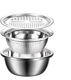 RK CREATIONS Multifunctional Stainless Steel Grater Basin 3 in 1 Colanders Basin, Grater Strainer and Drain Basket Salad Maker Bowl Colander