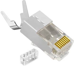 Tech-X RJ45 Cat7 & Cat6A Crimping Connectors plug - 10 Pcs, 50U Nickel Plated 3 Prong Shielded FTP/STP External Ground for 23 AWG (0.573mm) Network Cable, Metal Shielded, RJ45 8P8C Modular Plug Lan Adapter