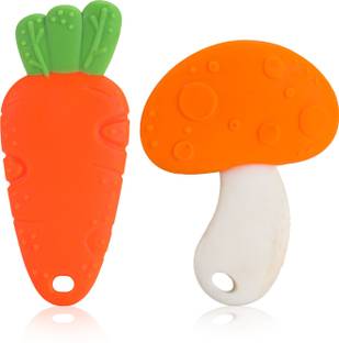 LuvLap Baby Silicone Teether for Teething Gums, Dual Pack, Teething Toy for Infants and Babies, 100% Food Grade Silicone, Carrot & Mushroom Design with Textured Surface Teether