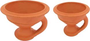 BS NATURAL Desi Handmade Natural Clay Dhoop Loban Dani/Dhuni Burner Holder/Pot Stand for Puja/Hawan/Dhuni [Shop/Office/Room/Gardan etc.] [Medium Size 100% Pure Mitti]Dhoop Dan with Handle(Pack Of 2) Pottery Incense Holder