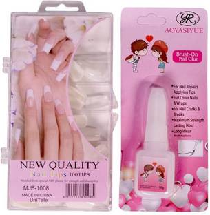 UniTale Shining 100 Pcs Best French Artificial Fake Nails False Nail Art Nail Extension With Strong Skin Friendly Easy Apply Brush Glue White