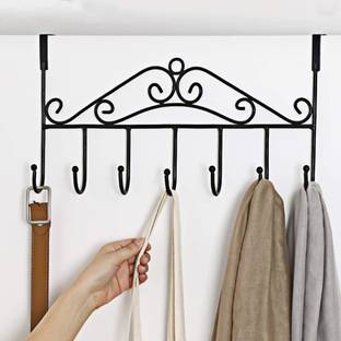 Urbanware Over Door Hanger with 7 Hooks,Metal Over the Door Towel Hook,Decorative Overdoor Organizers ,Hanging Storage Rack for Hat,Coats,Purses,Scarves,Clothes,Jackets,Belt,Bedroom,Bathroom,Closet (Black) Door Hanger