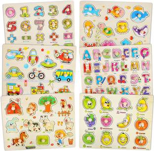 Authfort 6 Pcs Wooden Peg Puzzles for Toddlers 3 Years Old, Kids Knob Puzzles Set - Alphabet, Numbers, Fruits, Animals and Vehicles Learning Puzzles