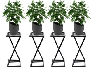 Hs Retail Modern Indoor & Outdoor 2 Tier Planter Stand/Z Shape Plant Racks/Flower Shelf Display for Garden/Balcony/FlowerPot Stand for Corner Display/Double Decker Window Planted Stand-Set of 4,Black Plant Container Set