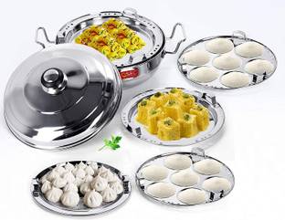QSEC Stainless Steel Idli maker sandwich Bottom 2 Idli,2 Dhokla,1 Patra-Momo's,285mm Induction Bottom Cookware Set