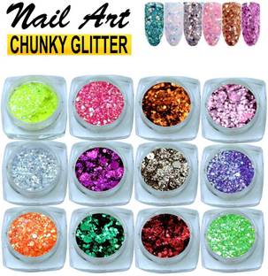 DEMONZ Supreme Quality Nail Art Glitter Design Chunky Glitter 12 Pcs Multicolor