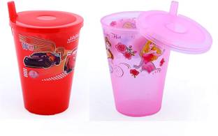 WiiBross Plastic Sipper Glass with Straw and Lid - Pack of 2, Multicolour, 200ml