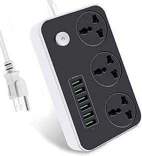ULTRABYTES Universal Sockets & 6 USB Port HUB of 3.4Amp Fast Charging Power Extension Integrated Plug Charger Multiple Device USB Port and Surge Protector Ports with Indicator, 3 Universal Sockets 3.4 A Three Pin Socket