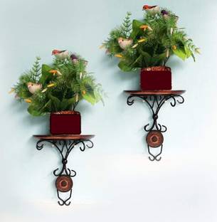 Umar Enterprises Wall shelf wooden wrought iron shelves set 2 wall hanging mounted floating wall decorative wood wall shelf living room bedroom wall decor shelves for brackets for flower pot stand antique wooden shelves Wooden, Iron Wall Shelf