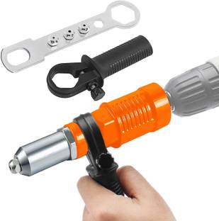 uptodatetools Electric Rivet Gun Adapter - Cordless Drill Metal Riveter-Blind Riveting Rivet Insert Nut Attachment Power Tool Kit with 3 Rivet Convertible Heads and Handle Wrench Heavy Duty Fast Hitting Rivet Gun