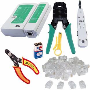 DUMDAAR Rj45 Rj11 Crimping, Multitec cutter, KD-1, Network Lan Cable Tester, 9V battery and 25 Pcs Connectors (Pack of 6) Manual Crimper