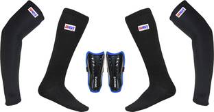 DENOVO Ultimate Protection (One Pair Large Shin Guard + One Pair Lycra Plain Knee Length Football Socks + One Pair UV Protection Arm Sleeves) Football Kit