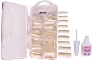 UniTale 100 Pcs Of Reusable Classic Style Long False Nails Artificial Half cover fake Nails Best Long Nail Extension With Strong Brush Nail Glue Natural White