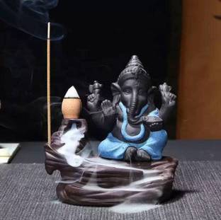 wadhavan Meditating Monk Lord Ganesha Smoke Back flow Cone Incense Holder + 10 back-flow incense cones, Decorative Showpiece / Fog Fountain Lord Ganesh Decorative Nickel Incense Holder (Multicolor) Polyresin Incense Holder