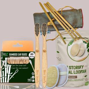Mini Storify 1Bamboo Cotton ear buds/swabs|80 Stems|2 Kids bamboo tooth brush -|2 Oval Loofah/Loufah Pads, Sponge Body scrubber| 4 Bamboo Straw (8 inch)