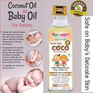 ECOSOFT Virgin Coconut Oil for Baby Massage 100% Pure & Organic Cold Pressed COCONUT BABY MASSAGE OIL 100 ML in Glass Bottle