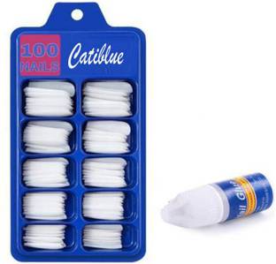 Catiblue Artificial Curve Tips Fake Nails with Glue (White) White