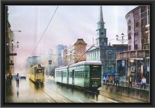 Poylaamo Calcutta Kolkata City Tram Train Wall Painting with Frame for Living Room, Home Decor, Bedroom. Without Glass. Digital Reprint 14 inch x 20 inch Painting