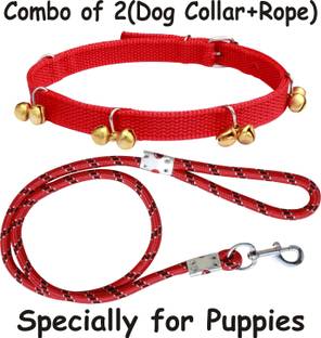 PEDIGONE Dog Belt (Combo of 2) Red Ghungroo Dog Collar + Red Lead Specially for X-Small Breeds Dog Collar & Leash