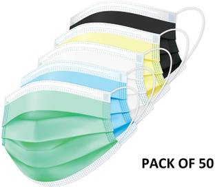 Wellstar Protective Face Mask with NOSE CLIP, CE ISO & GMP Certified Bacterial Filtration 3 Ply Surgical Face Mask with Genuine Meltblown and Adjustable Nose Clip (Multicolor,50) Non-Washable, Water Resistant Surgical Mask With Melt Blown Fabric Layer