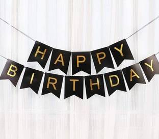 Fun Affairs Black and Gold Happy Birthday Banner Decoration for Boys, Girls, Boyfriend, Girlfriend, Husband, Kids Bday Celebrations, Bunting Tags, Flag Decorative Items Decor Banner