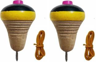 D'Mega Mart 2 PC Traditional Wooden Desi set of Two Spinning Tops with strings Lattoo
