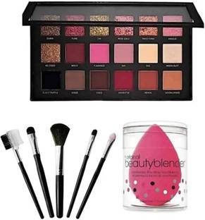 URBEN QUEEN Rose Gold Edition Eyeshadow palette -- 18 shades 5g (Multicolor) for girls & women with 5 pcs of makeup brushes Set + Me now beauty blender Puff sponges (7 items in the set)