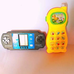 Kmc kidoz combo Learning Mobile Phone With Projector & Gaming Pop Station Brain Training Brick Video With Music Hand Handled Brick Game Handheld Gaming Console