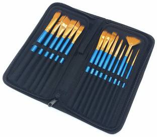 Design connection 12pcs Professional Nylon Painting Pens Wooden pole Acrylic Oil Watercolor Artist Paint Brush Set With Brush Bag (Color_Blue and Golden)
