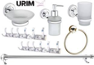 URIM Premium Stainless Steel, Aluminium Bathroom Set (Pack of 7) Soap Case, Toothbrush Holder and Soap Dispenser, Towel Ring, Towel Rack, Cloth Hanger Wall Mounted Door Hanger