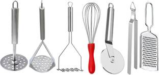 OC9 Stainless Steel Kitchen Tool (Contains: 3 Potato Mashers, 1 Roti chimta, 1 Dolphin Whisk, 1 Pizza Cutter, 1 Cheese Grater) Kitchen Tool Set