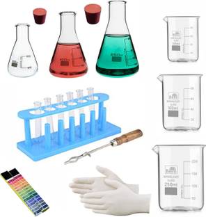 Bello Laboratory Kit - 3 Beakers & 3 Conical Flask, Test tubes (6 pcs) with 1 Plastic Test Tube Stand and 1 Test Tube Holder, 2 Rubber Cork, 2 Packs of PH Papers, 1-Set of Gloves Combo of 19 Products