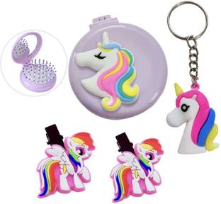 Le Delite Unicorn Hairbrush for Kids Cute Latest Imported Novelty Brush Detangler Comb for Kids Birthday Return Gifts Girls, Unicorn Compact Mirror Grooming Tool Round Shape