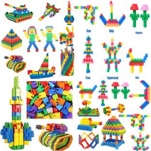 TechHark 300+ PCs [ 2 in 1 DIY Combo ] 2 Types Different Blocks for Early Learning/ Educational Blocks Toys for Kids (200+PCs Bullets, 100+PCs Hexa)