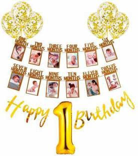decokart HAPPY BIRTHDAY DECORATION FOR FIRST BIRTHDAY AND 1 MONTH TO 12 MONTHS PHOTO FRAME BANNER (Set of 9)