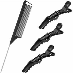 SANDIP Rat Tail Comb Parting Combs for Braiding Hair Carbon Styling Comb Steel Pin Carbon Fiber Heat Resistant Teasing Combs Barber Combs with 3 Pieces Plastic Styling Hair Clips for Hair Stylist (Black)